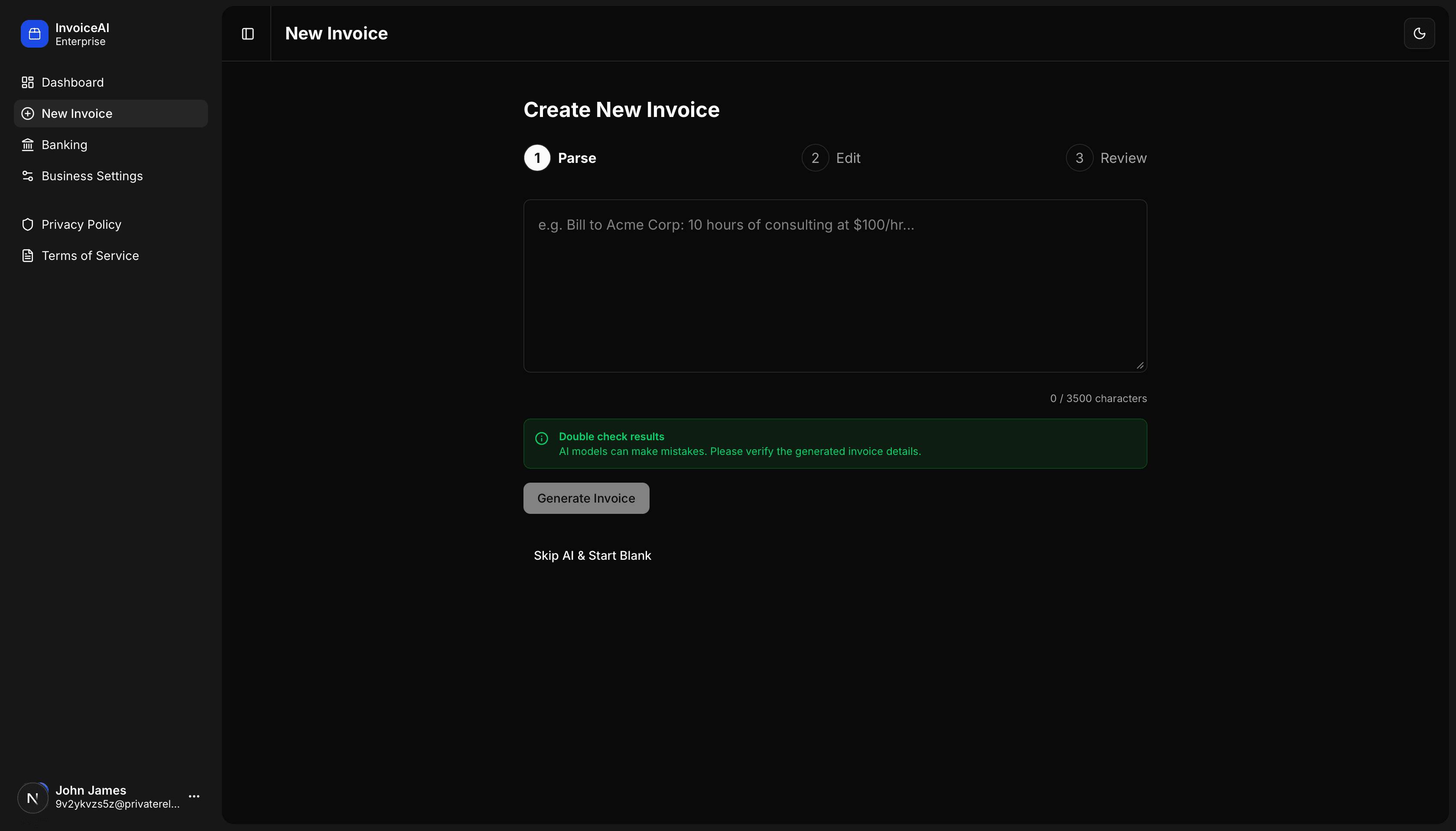 AI parsing invoice text input