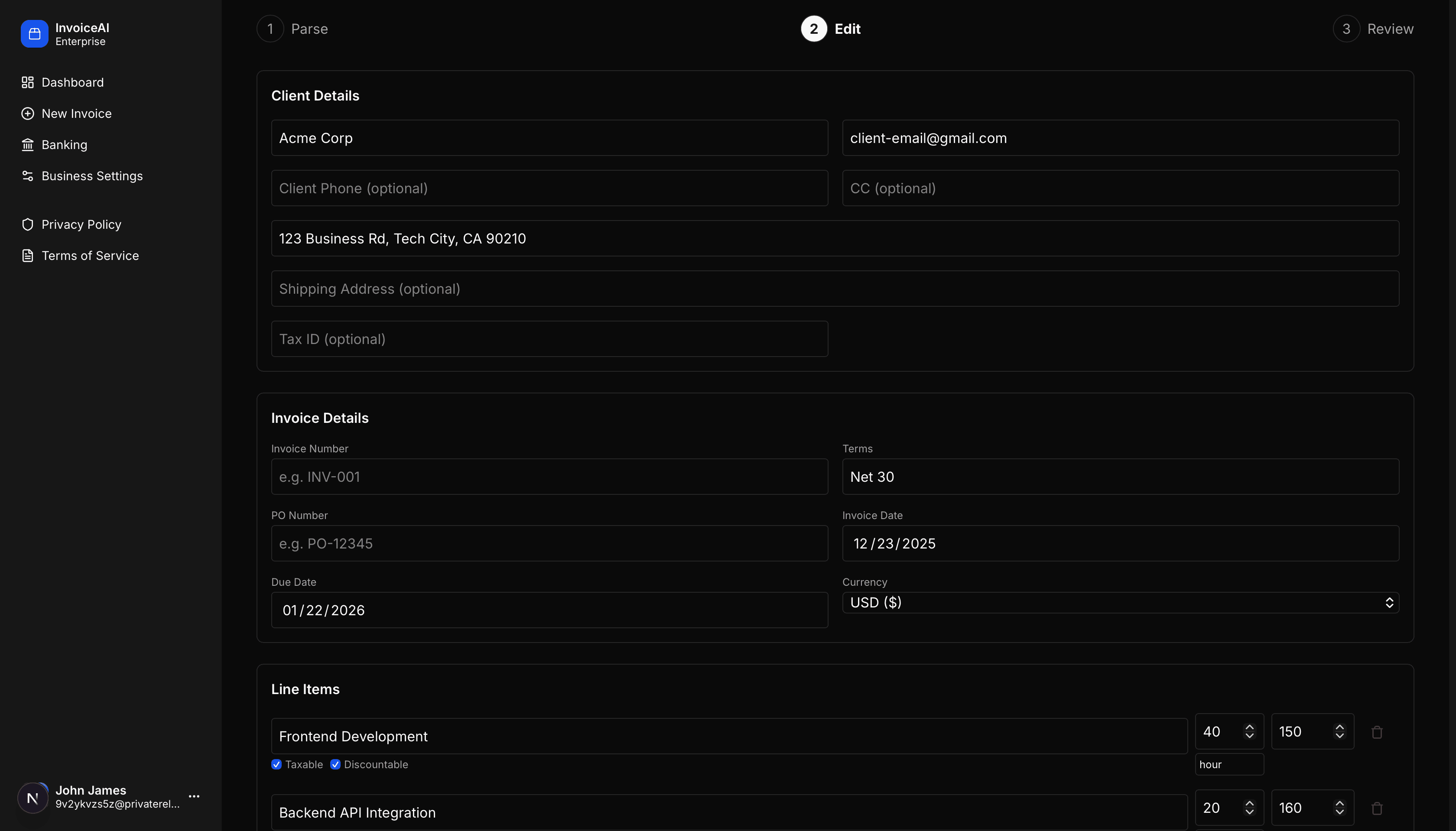 Manual invoice editing form