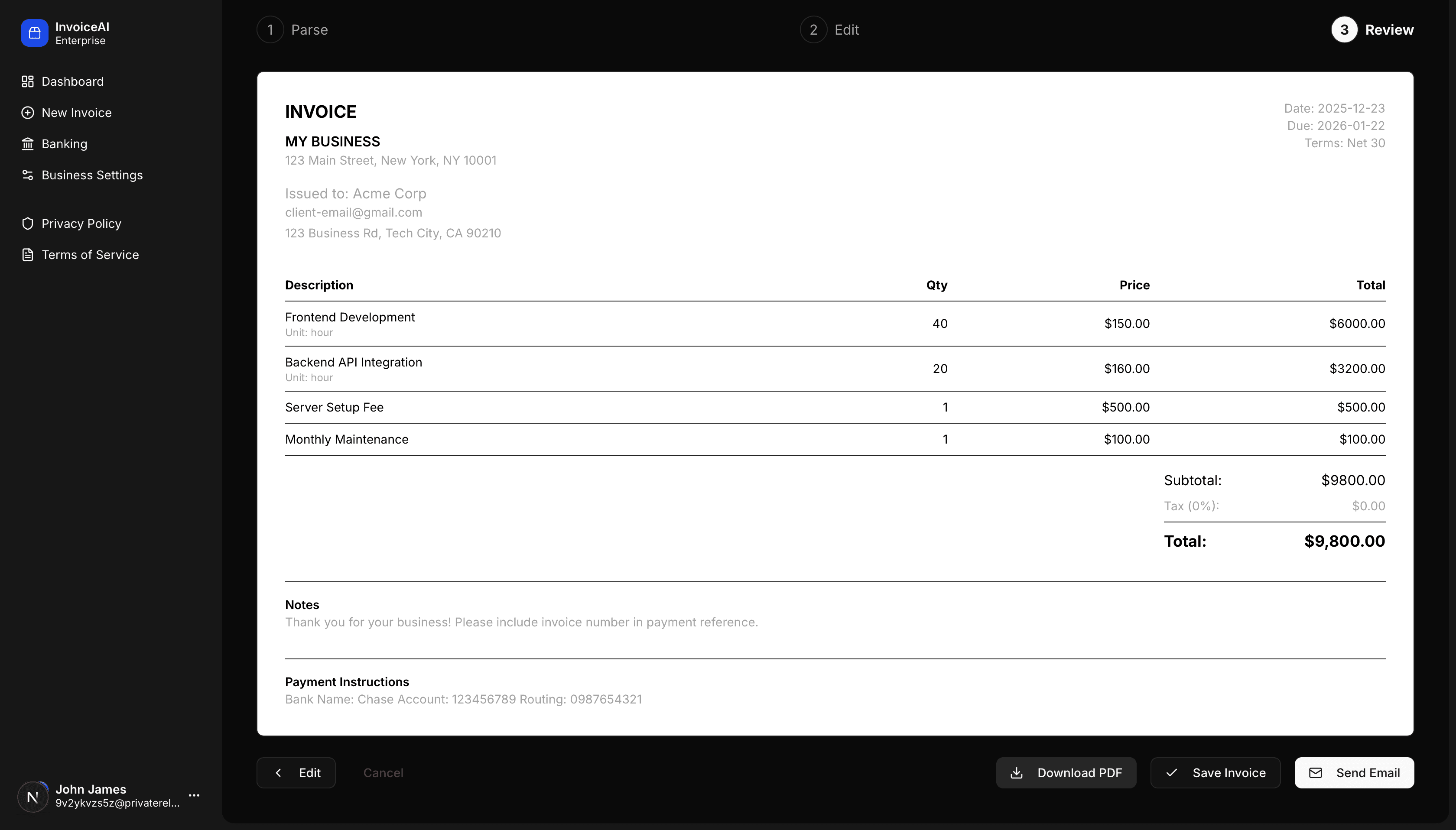Invoice preview and send screen